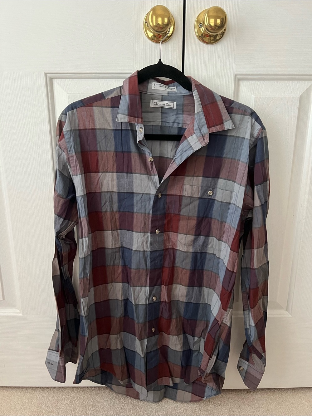 Dior Vintage Men’s Plaid Button-Down Shirt in Burgundy & Blue